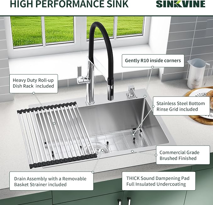 25-Inch Drop-In Kitchen Sink, SINKVINE 25" x 22" Stainless Steel Indoor and - Image 6