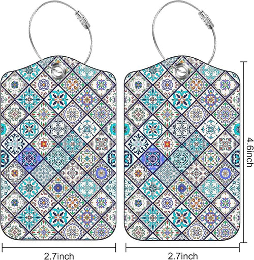 2 Pack Luggage Tags Colorful Moroccan Portuguese Tiles PU Leather Baggage Tag - Image 2