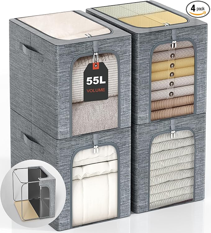 GoMaihe Clothes Storage Bins Metal Frame: 55L Extra Large Stackable Closet by GoMaihe