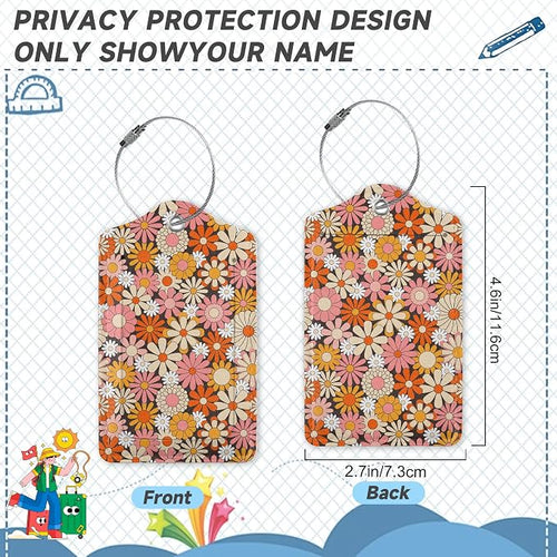 2 Pack Luggage Tag for Suitcase, Vintage Groovy Flowers Leather Suitcase Tags - Image 2