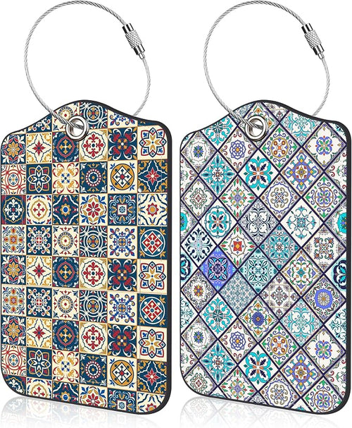 2 Pack Luggage Tags Colorful Moroccan Portuguese Tiles PU Leather Baggage Tag by Unknown