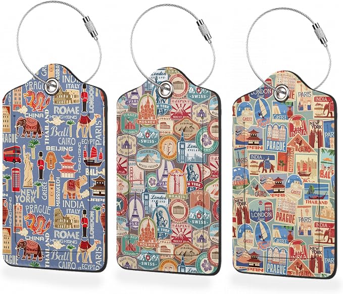 3 Pack Luggage Tag for Suitcase, Travel Stamp Leather Luggage Tags by BUYIDUI