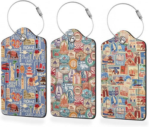 3 Pack Luggage Tag for Suitcase, Travel Stamp Leather Luggage Tags by BUYIDUI