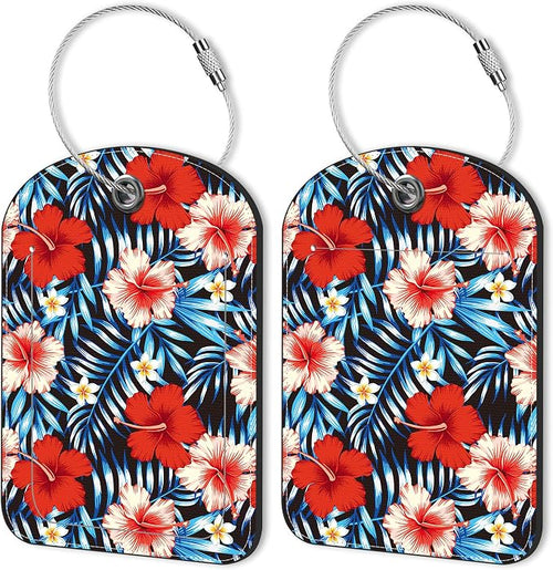 2 PCS Leather Luggage Tag for Suitcase Palm Leaves and Hibiscus Flower Travel by Unknown