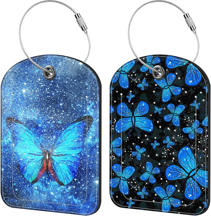 Blue Butterfly Luggage Tag for Suitcase Set of 2 PU Leather Cute Luggage Tags by iapodiad