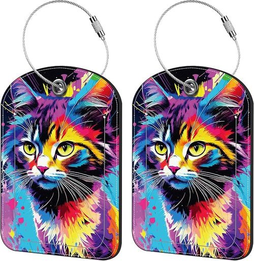 2 Pack Cute Luggage Tag for Suitcases Colorful Cat Leather Luggage Tags by iapodiad
