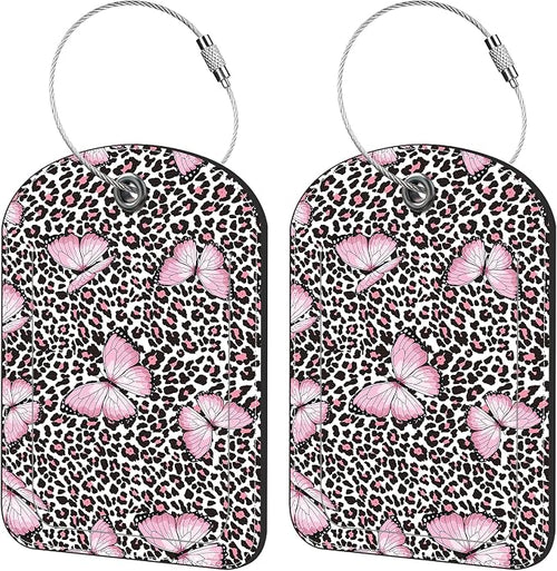 2 Pack Cute Luggage Tag for Suitcases Pink Butterfly and Leopard Leather by iapodiad