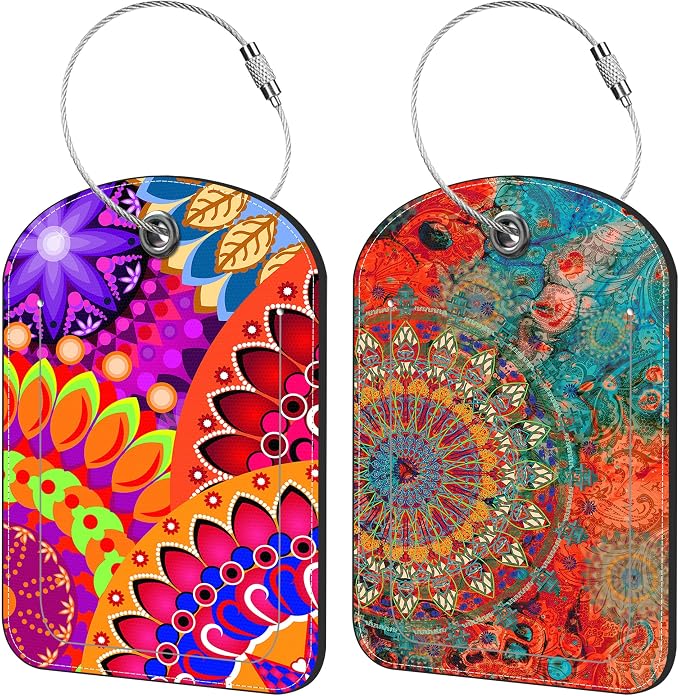Colorful Mandala Luggage Tag for Suitcase Set of 2 PU Leather Cute Luggage Tags by iapodiad