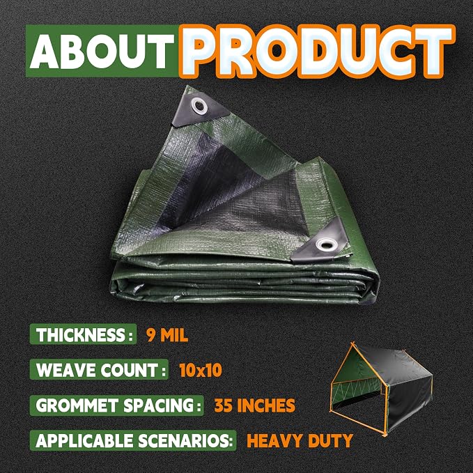 15x15 Feet Tarp Waterproof, 9Mil Thick, Finished Size Tarps, UV Resistant - Image 6